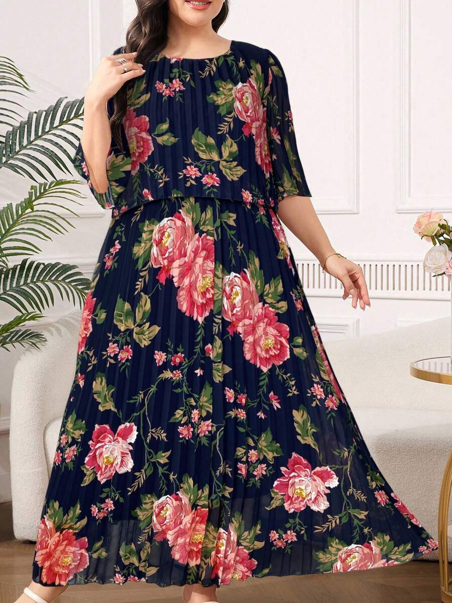 Reflora Vestido de verano elegante de gasa plisada con estampado geométrico para tallas grandes