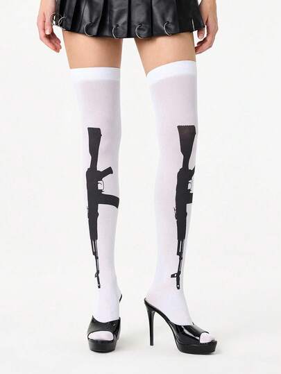 ROMWE Grunge Punk 1 par de medias altas hasta el muslo con patrón de ametralladora de roca oscura