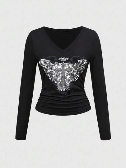 Fairycore Sexy Punk Kreuz Muster Schwarzes T-Shirt für Frauen