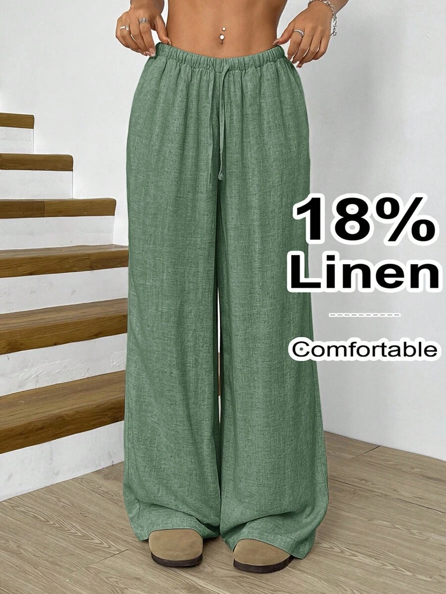 SHEIN EZwear Quần ống rộng lưng cao màu trơn đơn giản dành cho nữ cỡ lớn, mùa xuân/thu - Màu xanh Ô liu - Xem 1