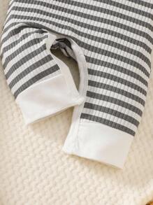 SHEIN Newborn Baby Girl Cute Striped Collar Long Sleeve Jumpsuit, Lightweight & Comfortable Summer Outfit Fall Winter - Grey - View 4
