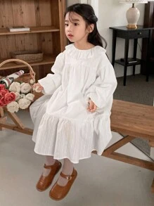 Dazy Kids Young Girl Fashionable Versatile Solid Color Ruffle Hem Dress, Autumn - White - View 2