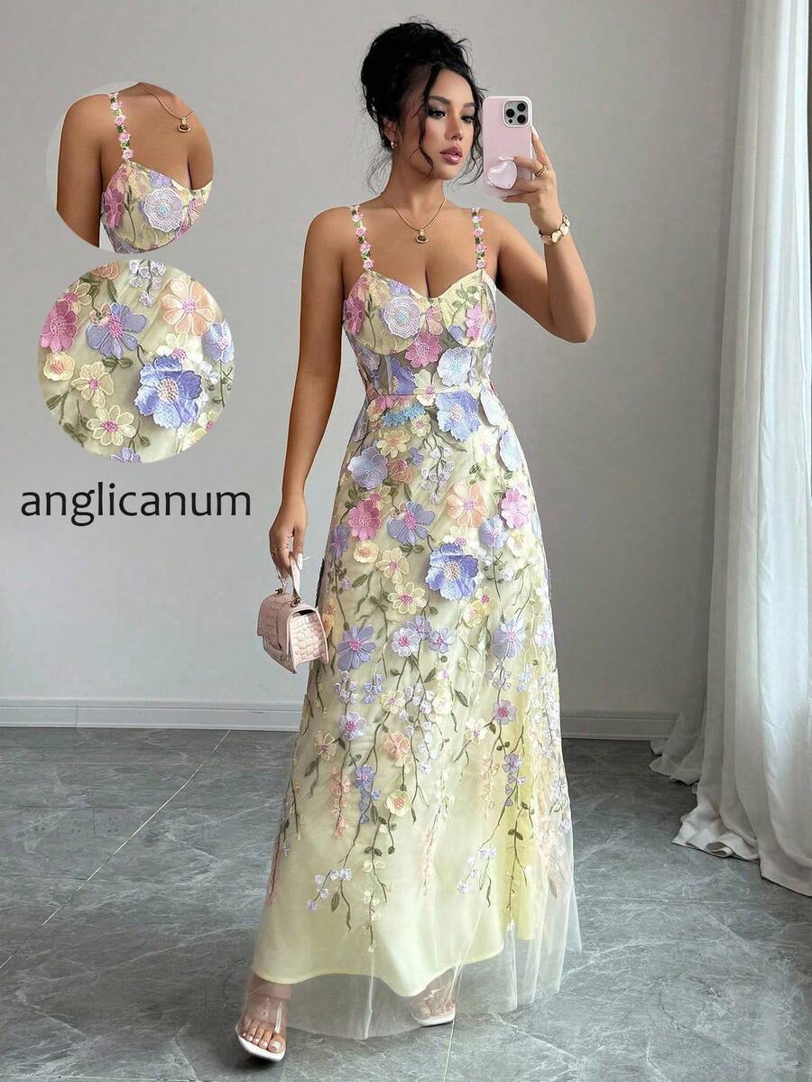 Islaluna Vestido elegante de verano para mujer con cintura bordada, vestido de fiesta para dama