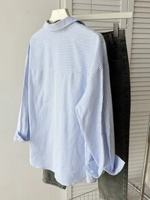 SHEIN 少女蓝白条纹，条纹印花刺绣前扣休闲长袖衬衫，休闲学院风衬衫，少女衬衫，开学季