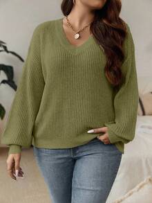 SHEIN LUNE Sweater Kasual Ukuran Besar Warna Polos Leher V Bahu Jatuh, Pakaian Musim Gugur/Dingin untuk Wanita - Hijau - View 7