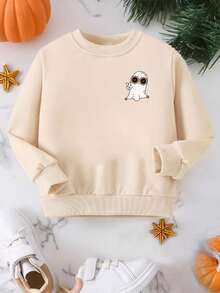 万圣节角色扮演服装，女孩休闲创意卡通鬼南瓜彩虹图案基本款圆领运动衫，秋季服装 - 卡其色 - 查看 2