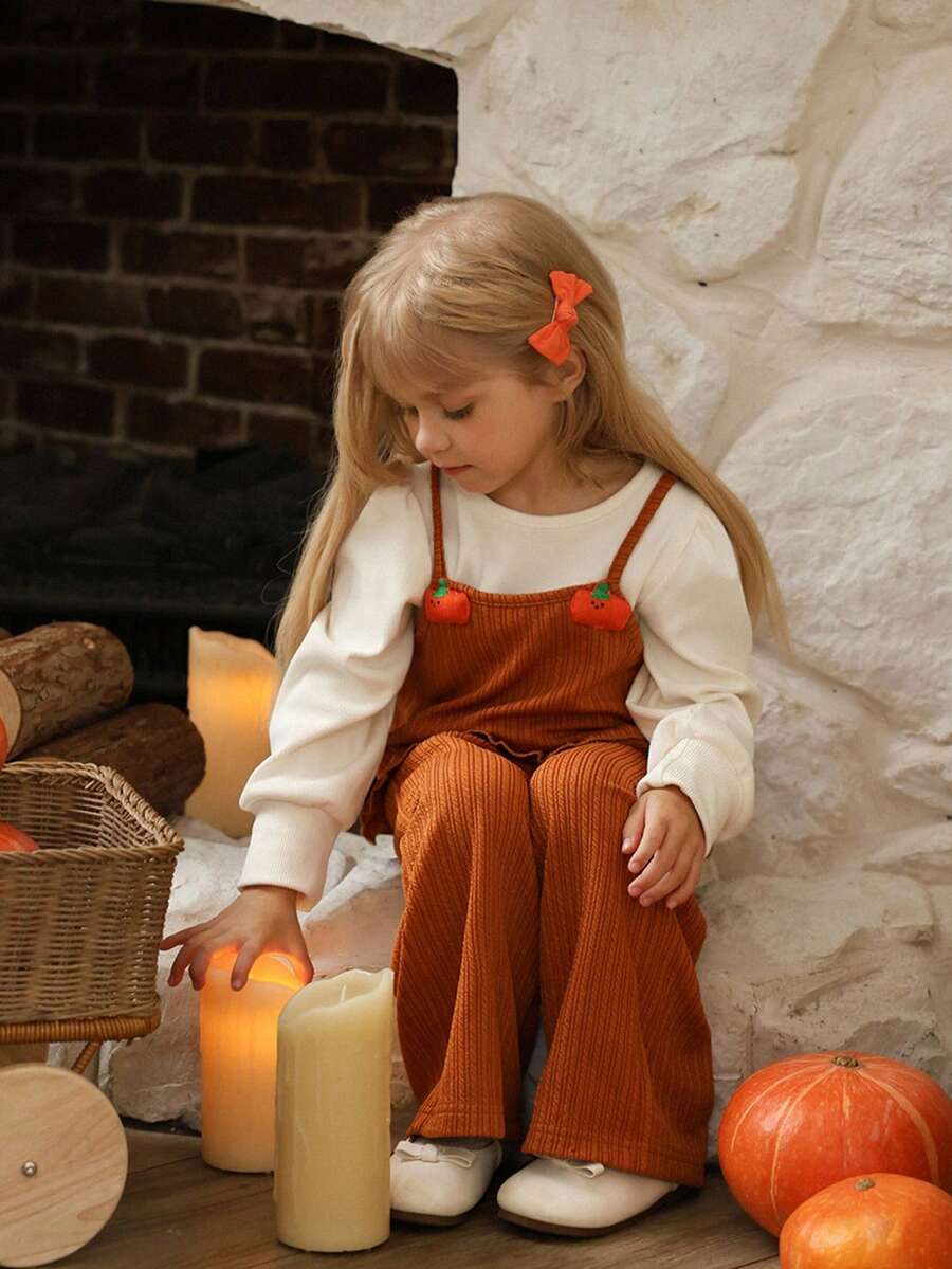 SHEIN 3pcs/Set Girls Casual Cute Versatile Long Sleeve Top, 3D Pumpkin Decor Vest, And Pants Set, Suitable For Autumn/Winter, Daily Wear - Multicolor - View 1