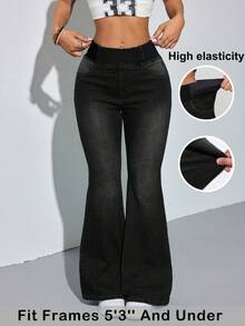 SHEIN PETITE Women's Blue Jeans Skinny Flared Pants Comfortable High Elastic Denim Summer Office Wear Siren Style,Black Jeans