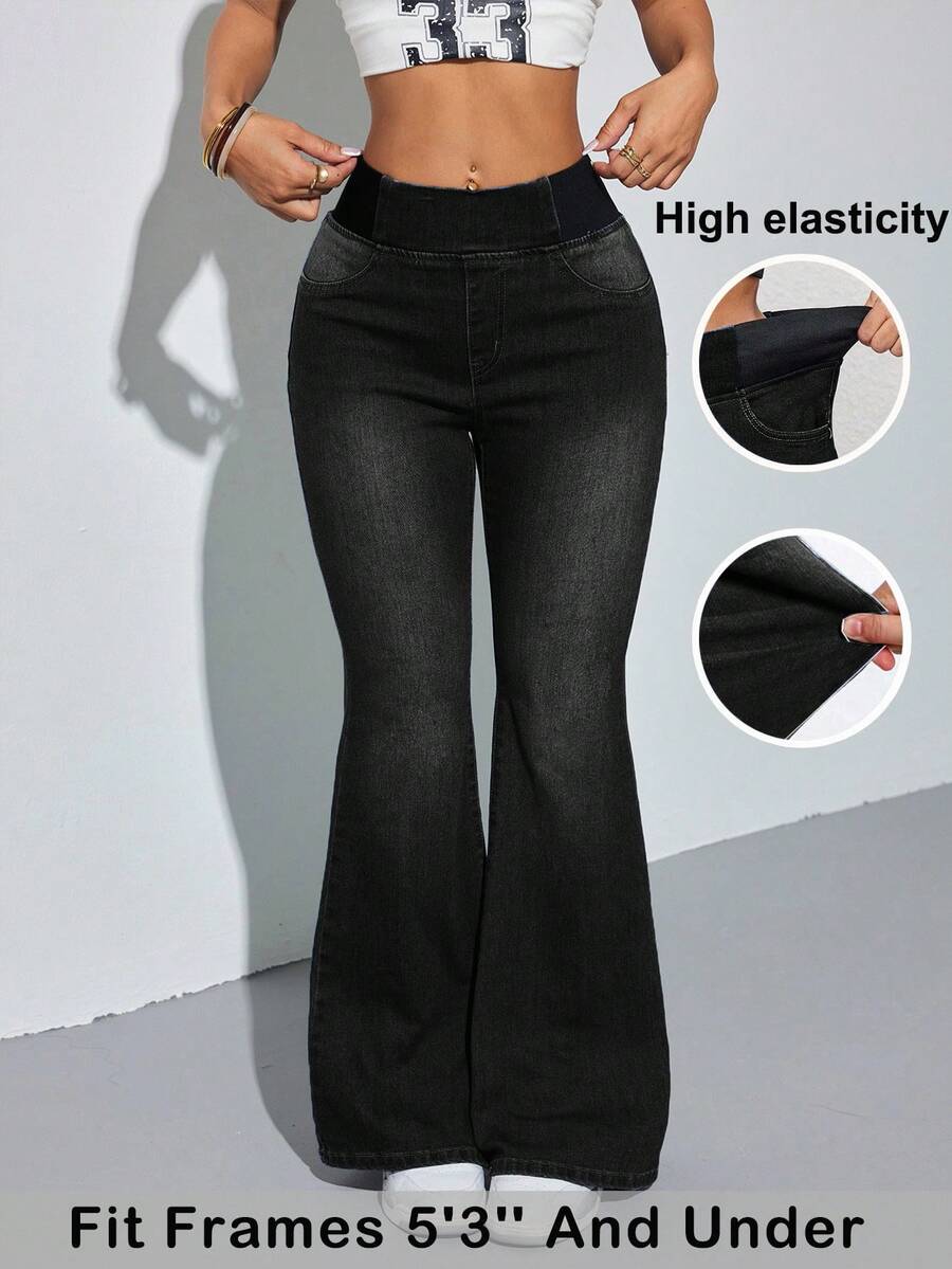 SHEIN PETITE Women's Blue Jeans Skinny Flared Pants Comfortable High Elastic Denim Summer Office Wear Siren Style,Black Jeans