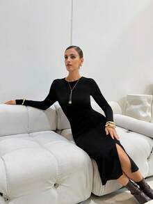 Lavishia Vestido midi de punto elástico negro brillante de manga larga y diseño de cintura retorcida, conjunto de moda para el otoño