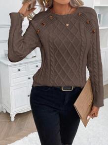 SHEIN LUNE Women's Casual Daily Simple Solid Color Button Detail Raglan Sleeve Cable Knit Sweater, Autumn/Winter Fall Cloth For Women - Mocha Brown - View 4