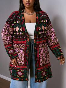 Slaydiva 大码女式豹纹花卉图案落肩长袖休闲针织开衫，秋季 - 彩色 - 查看 7