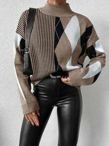 Maglione casual vintage oversize a blocchi di colore a pipistrello, autunnale