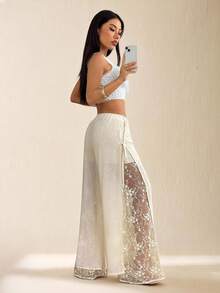 SHEIN PETITE 女士休闲花卉刺绣网眼拼接阔腿裤 - 白色 - 查看 4