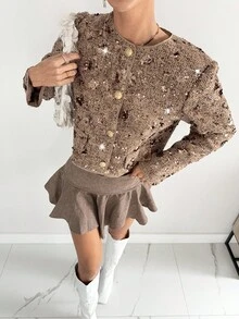 Siren Gaze Siren Gaze Siren Gaze Women's Champagne Color Tweed Sequin Long-Sleeved Woolen Coat Women's Fashion Commuter Sequin Decor Regular Jacket In Fall/Winter Glitter Brown