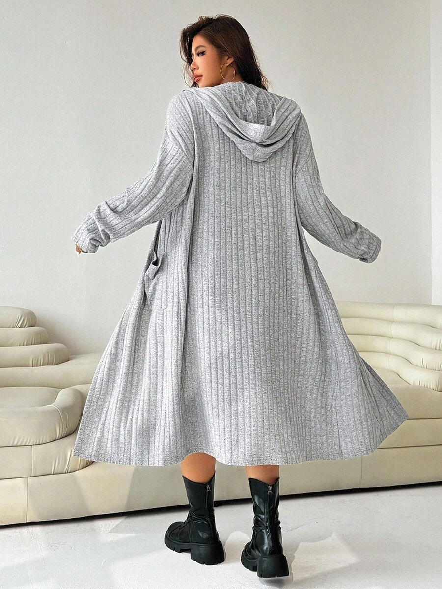 SHEIN EZwear 大码纯色连帽落肩长袖条纹夹克 - 灰色 - 查看 1