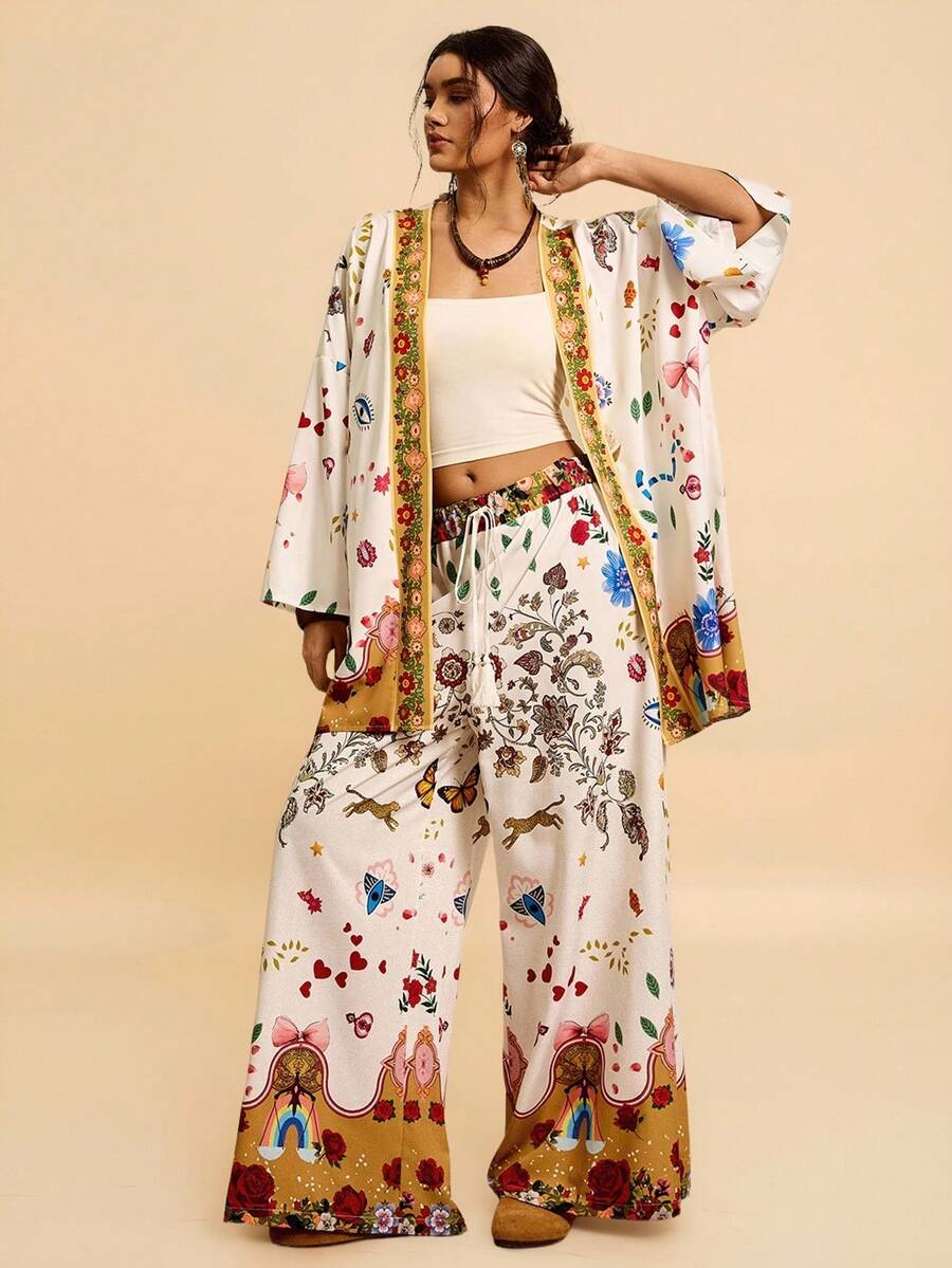 Travachic 大码女式白色热带植物与抽象印花两件套,图案衬衫搭配阔腿裤 - 白色 - 查看 1