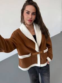 Aloruh Women's Contrast Color Collar Suedette Long Sleeve Jacket Fall Autumn, Back To School Homecoming - Khaki - View 4