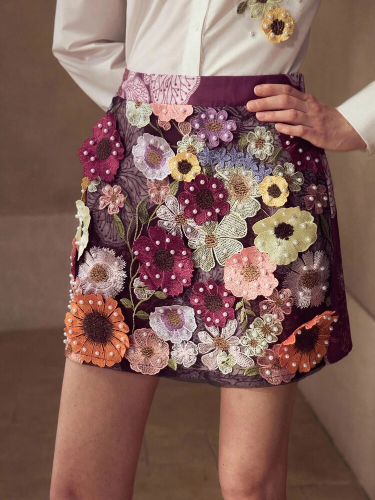 EMBROIDERED 3D COLORFUL FLORAL & FAUX PEARL DECOR SKIRT