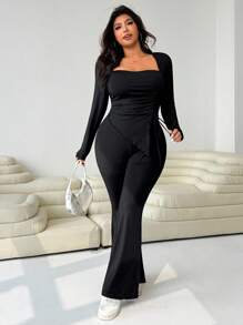 Solflare 秋冬天鹅领不对称褶皱长袖T恤搭配喇叭裤，黑色弹力针织两件套，适合休闲、约会、派对、返校、通勤黑色两件套曲线裤套装 - 黑色 - 查看 3