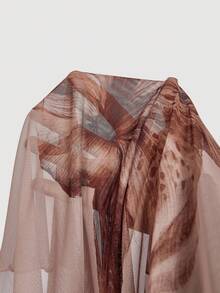 SHEIN MOD Women's Brown Printed Knit Skirt,Semi-Sheer Mesh Fabric With Scalloped Ruffle Trim - Brown - View 5