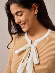 Boho Mama Maternity Casual Color Block Trim Tie Front Cardigan,Vintage - Khaki - View 5