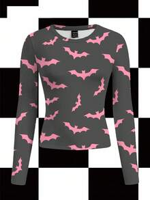 Shutterstock Camiseta de manga larga con cuello redondo y estampado completo de murciélagos de Halloween para mujer, para otoño/invierno, fiesta/club Y2K - Negro - Ver 4