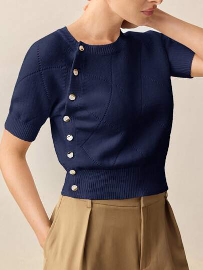 BizChic Women's Solid Color Round Neck Short Sleeve Single-Breasted Knit Top, Modern Elegant Urban Commute Daily Versatile Romantic 90s Retro Style, Suitable For Christmas, New Year, Valentine's Day, Party, Beach, Graduation, Fashion, Festival, Holiday, Wedding Guest, Brunch, Airport, Multi-Occasion