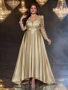 Glamrae Plus Size Elegant Champagne Deep V-Neck Long Sleeve Luxury Beaded Satin Asymmetric Maxi Dress,Winter Formal Party Wedding Gala Evening Dress - Apricot - View 5