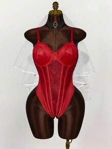 Y2K Amplova 加大码时尚性感透明对比蕾丝紧身衣，万圣节 - 紅色 - 查看 1