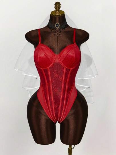  Y2K Amplova 加大码时尚性感透明对比蕾丝紧身衣，万圣节