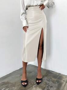 EURMUSE High Waist Split Thigh PU Skirt - Beige - View 1