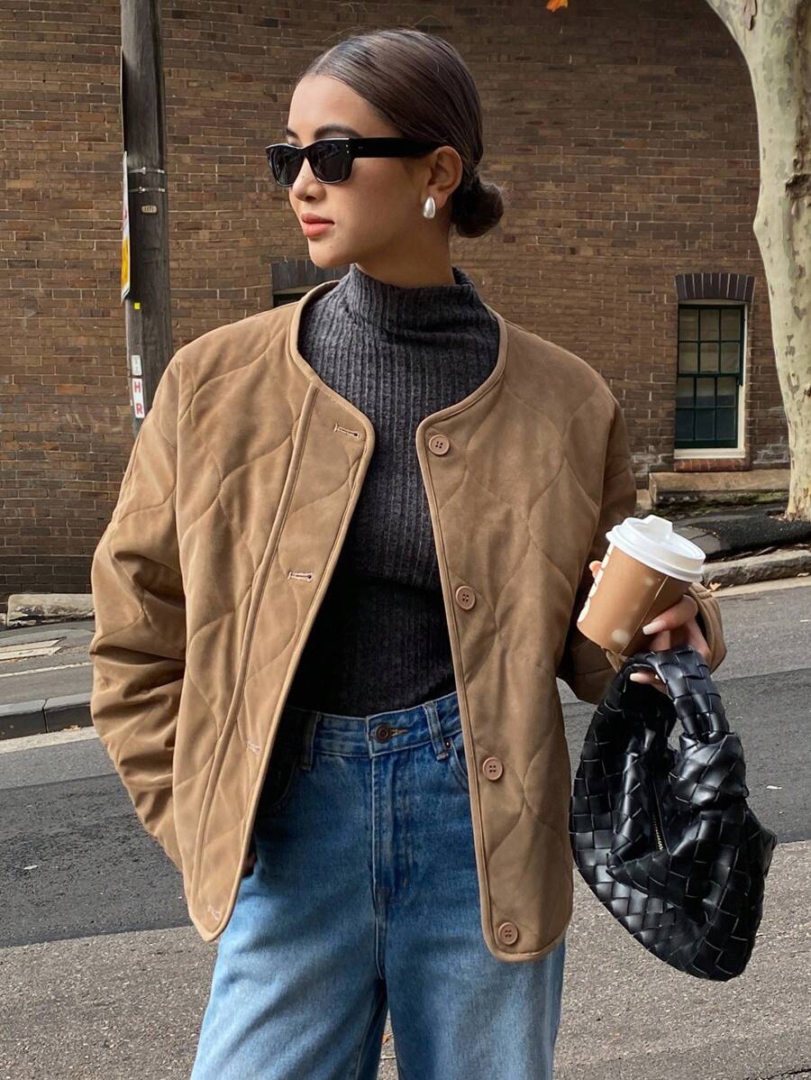 DAZY Women's Diamond Quilted Button Padded Coat Jacket Winter Leather Jacket