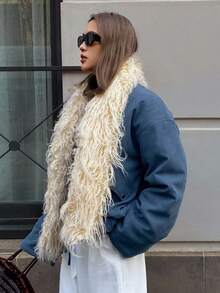 DAZY Patchwork Fur Collar Loose Fit Thick Casual Street Wear Padded Coat, Autumn/Winter Jacket - Blue - View 10