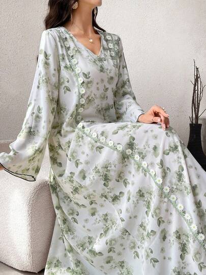 Al Najma 女士花卉印花圆领长袖优雅阿拉伯风格连衣裙