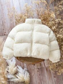 SHEIN Young Girls Casual Solid Color Cute Fluffy Jacket, Faux Shearling Cropped Padded Coat, Winter Fall - Apricot - View 1