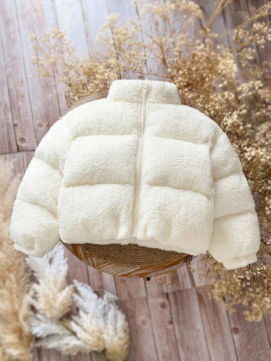 SHEIN Young Girls Casual Solid Color Cute Fluffy Jacket, Faux Shearling Cropped Padded Coat, Winter Fall - Apricot - View 1