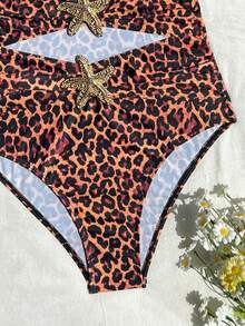 SHEIN Swim 全新豹纹性感优雅金色海星露背连体泳衣，夏季 - 彩色 - 查看 5