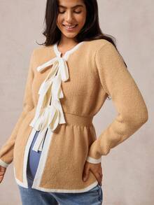 Boho Mama Maternity Casual Color Block Trim Tie Front Cardigan,Vintage - Khaki - View 7