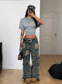 Coolane Women's Summer Minimalist Y2K Basic Daily Wear Casual Back To School Streetwear Stretchy Grey  Loose Ruched Crop Tees - Light Grey - View 5