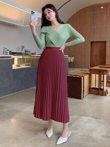 DAZY Solid Color Elegant Pleated Women's Skirt, Spring/Summer Winter Women Skirts - Burgundy - View 5