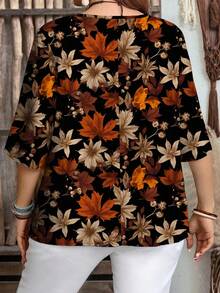 Mellowie Camisa casual de talla grande para mujer con estampado de hojas de arce vintage, adecuada para el verano