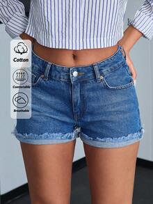 SHEIN Cottnline Low Waist Folded Hem Mini Denim Short - Medium Wash - View 1