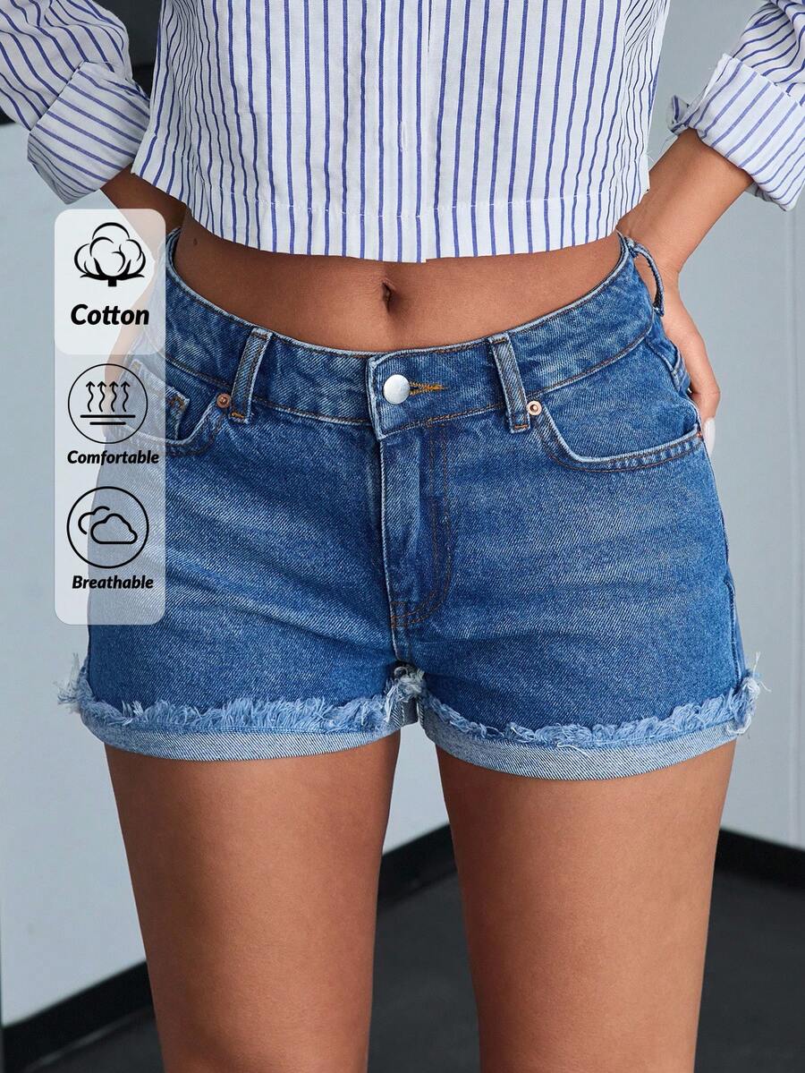 SHEIN Cottnline Low Waist Folded Hem Mini Denim Short - Medium Wash - View 1