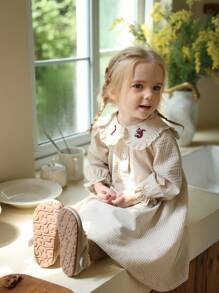 SHEIN Robe à manches longues en mélange de lin rayé pour bébé fille, tissu confortable, convient pour la saison de transition, style campagnard, motif animal brodé, mode et mignon, robe polyvalente pour tous les jours