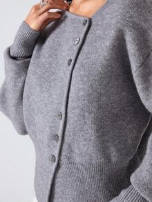 LYSMO 女式纯色落肩长袖单排扣休闲针织开衫，秋冬 - 深灰色 - 查看 7