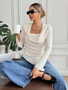 SHEIN Frenchy Women's Elegant Commuter Off-White Solid Color Lapel Blouse,Autumn Fall Chic Business Casual Tops,Tea Party Teacher Back To School Winter - Apricot - View 5