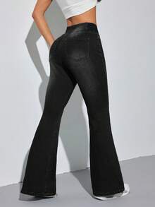 SHEIN PETITE Women's Blue Jeans Skinny Flared Pants Comfortable High Elastic Denim Summer Office Wear Siren Style,Black Jeans