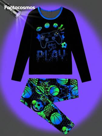 2pcs Set Tween Boy Minimalist Football Printed Pants And Video Game Element Printed Long Sleeve Top Casual Snug Fit Loungewear Pajama