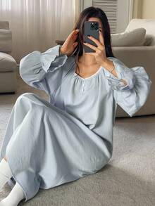 DAZY Vestido largo suelto con mangas farol, cuello de encaje de patchwork y plisado, para mujer. Camisón, pijama de otoño e invierno, atuendo cómodo, Camisón tipo "Moo Moo" - Celeste - Ver 5